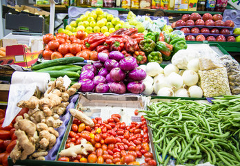 Colorful fruit and vegetable stall in Buenos Aires, Argentina.