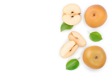 Fresh asian pear with leaves isolated on white background with copy space for your text. Top view. Flat lay.