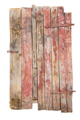 Old wooden door, red color, isolated on white background with clipping path, elements for design