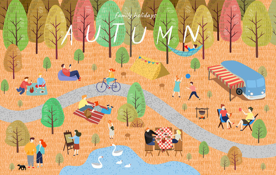 Autumn. Cute vector illustration of the autumn landscape with people on vacation in the park on a picnic, trees, bus and lake. Family weekend in nature. Top view	