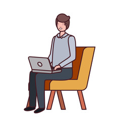 man sitting in chair with laptop on white background