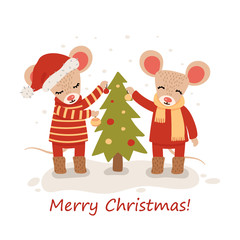 Mouse with christmas trees. Christmas and New Year character isolated on a white background. Postcard. Vector illustration in the style of hand drawn flat