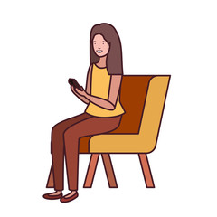 woman sitting in chair with smartphone on white background