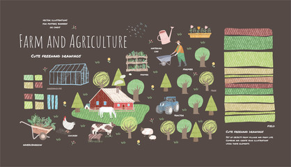 Farm and agriculture. Vector cute illustrations of village life and objects for a poster, banner or postcard, freehand drawings of people, animals, trees, traсtor and house for background and pattern © Ardea-studio
