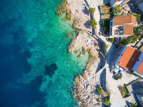 Aerial view of beach at Primosten, popular Croatian summer destination.