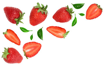 Strawberries decorated with green leaves isolated on white background with copy space for your text. Top view. Flat lay pattern