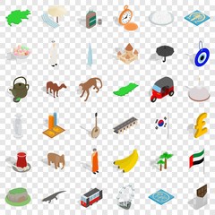 Uae icons set. Isometric style of 36 uae vector icons for web for any design