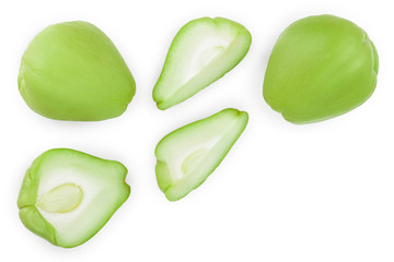 fresh Chayote vegetable isolated on white background with copy space for your text. Top view. Flat...