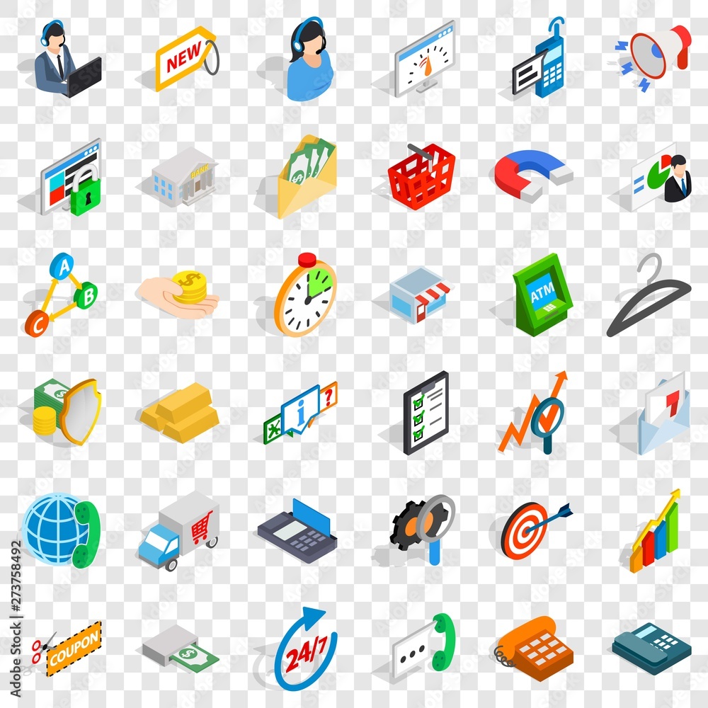 Poster calendar icons set. isometric style of 36 calendar vector icons for web for any design