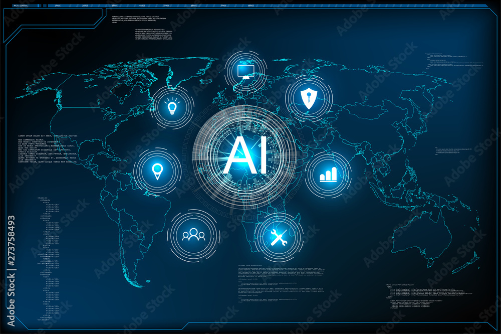 Poster website template for ai machine deep learning technology sci-fi concept. vector illustration artific