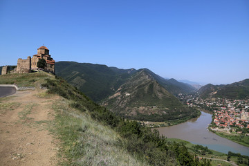 View of the Jvari Monastery and the city of Mtskheta near the confluence of the Aragvi and Kura...