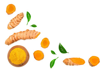 Turmeric powder and turmeric root isolated on white background with copy space for your text. Top...