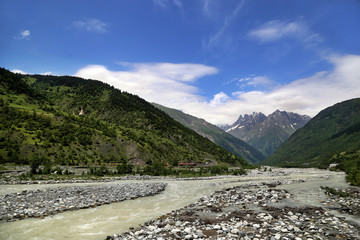 View of Chalaadi gorge and Mestiachala mountain river, near Mestia village in Upper Svaneti region, Georgia.