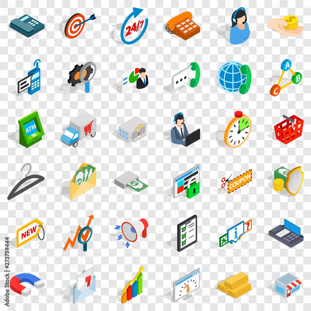 Aufkleber delivery icons set. isometric style of 36 delivery vector icons for web for any design