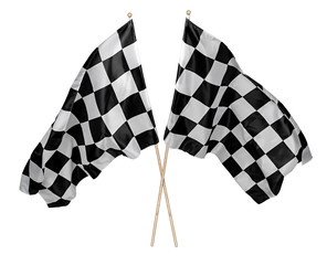 Two crossed pair of waving black white chequered flag with wooden stick motorsport sport racing...