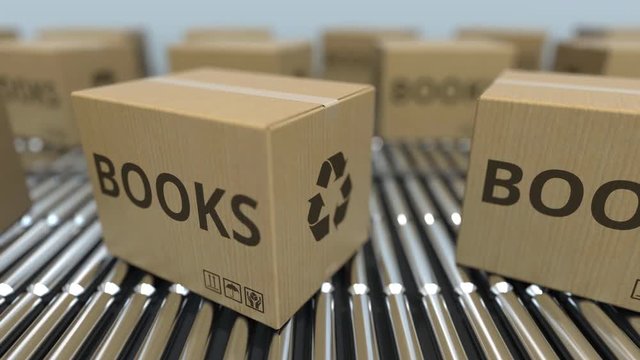 Carton boxes with BOOKS text move on roller conveyor. Realistic loopable 3D animation