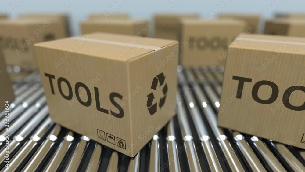 Aufkleber carton boxes with tools text move on roller conveyor. realistic loopable 3d animation
