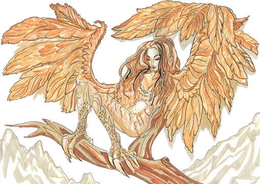 golden harpy (bird girl) with big wings on a tree branch on a yellow background