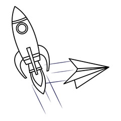 rocket and a paper airplane icon in black and white