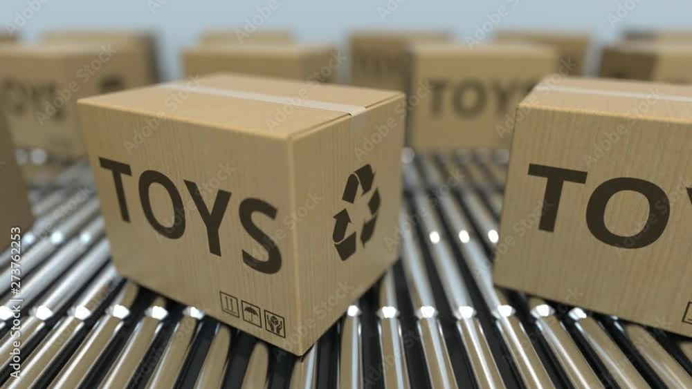 Aufkleber carton boxes with toys text move on roller conveyor. realistic loopable 3d animation