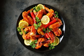 Delicious grilled chicken wings with lemon juice and chili pepper on black concrete background. Top view. 
