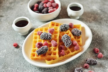 Belgian waffles with ice cream, mint and frozen raspberries and blackberries. Tasty breakfast.