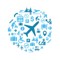 Icon airport set. Vector illustrations with vacation and travel simbols. Round composition.