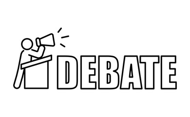 Man speak with megaphone made gesture hand behind tribune. Debate concept banner with lettering text.