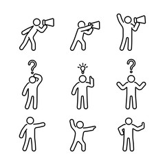 Man in different gesture hand icon outline set. Simple man with megaphone