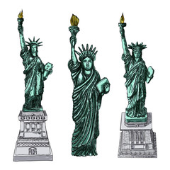 US Statue of Liberty set drawings in color. USA New York city famous tourist landmark. Poster or flyers sculpture illustrations elements. Hand drawn logo of American symbol for presentations. Vector.