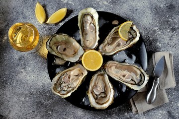 Open fresh oysters with lemon slices on a dish with ice cubes. Top view. 