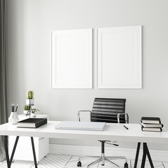 Poster, wall mock up in home interior background, home office, Scandinavian style, 3d render