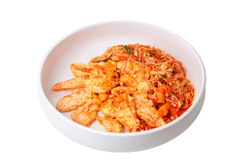 Fried kimji with skinless chicken in korean white plate.