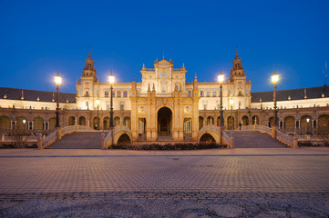 Main facade of the monument in the Plaza de España in Seville in the blue hour