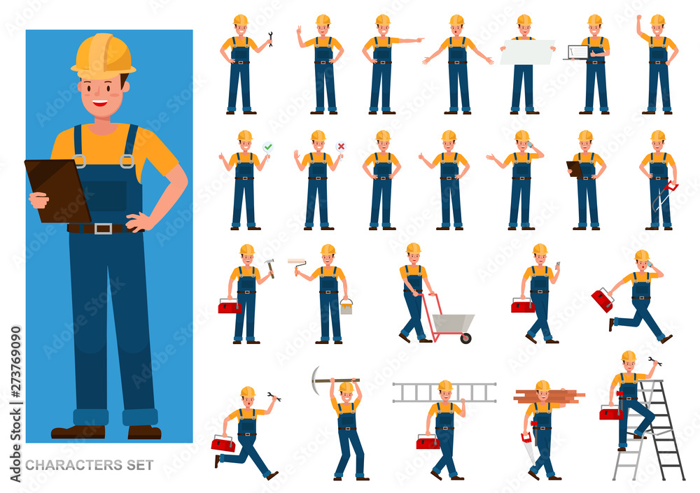 Poster set of builder people working character vector design. presentation in various action with emotions,