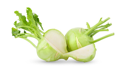 Fresh kohlrabi with green leaves on isolated white backround. full depth of field