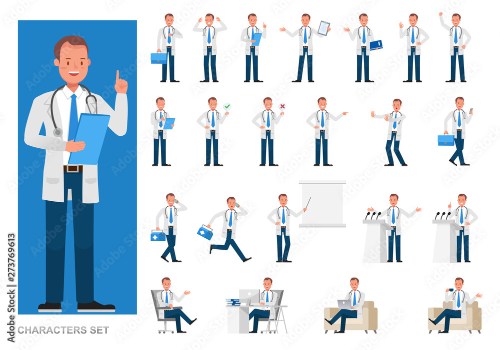 Poster set of doctor working character vector design. presentation in various action with emotions, running