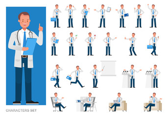 Set of Doctor working character vector design. Presentation in various action with emotions, running, standing and walking.