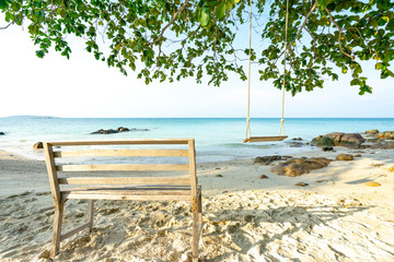chair and hammock on the beach in summer vacation, paradise beach with blue sea and sky
