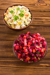 Traditional Russian salad olivier andvinaigrette