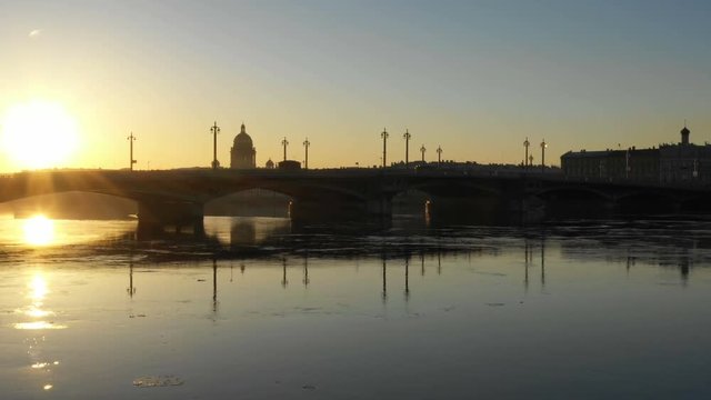 Amazing aerial view to Annunciation (Lieutenant Schmidt's) bridge in in Saint-Petersburg