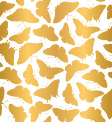 Fototapeta premium Simple butterflies flying seamless pattern on white in golden gradient. Elegant collection of butterflies in gold foil for backgrounds, fashion, textile, wrapping paper and wallpaper