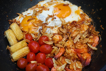 Fried Shrimps with Garlic and vegetables, Thai food. Thai local food, Breakfast dish, food in a pan