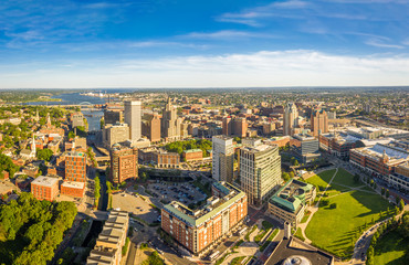 Fototapeta na wymiar Aerial panorama of Providence skyline on a late afternoon. Providence is the capital city of the U.S. state of Rhode Island. Founded in 1636 is one of the oldest cities in USA.