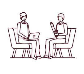 silhouette of men sitting in chair with laptop on white background