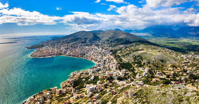 Aerial view of Saranda with Lekuresi Castle in Albania
