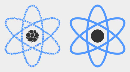 Dotted and flat atom icons. Vector mosaic of atom organized of random rectangle elements and round elements.