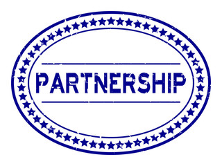 Grunge blue partnership word oval rubber seal stamp on white background