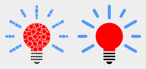 Pixel and flat bulb light icons. Vector mosaic of bulb light constructed of irregular square dots and spheric dots.