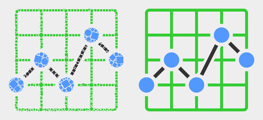 Dotted and flat chart grid icons. Vector mosaic of chart grid organized of scattered dots and spheric dots.